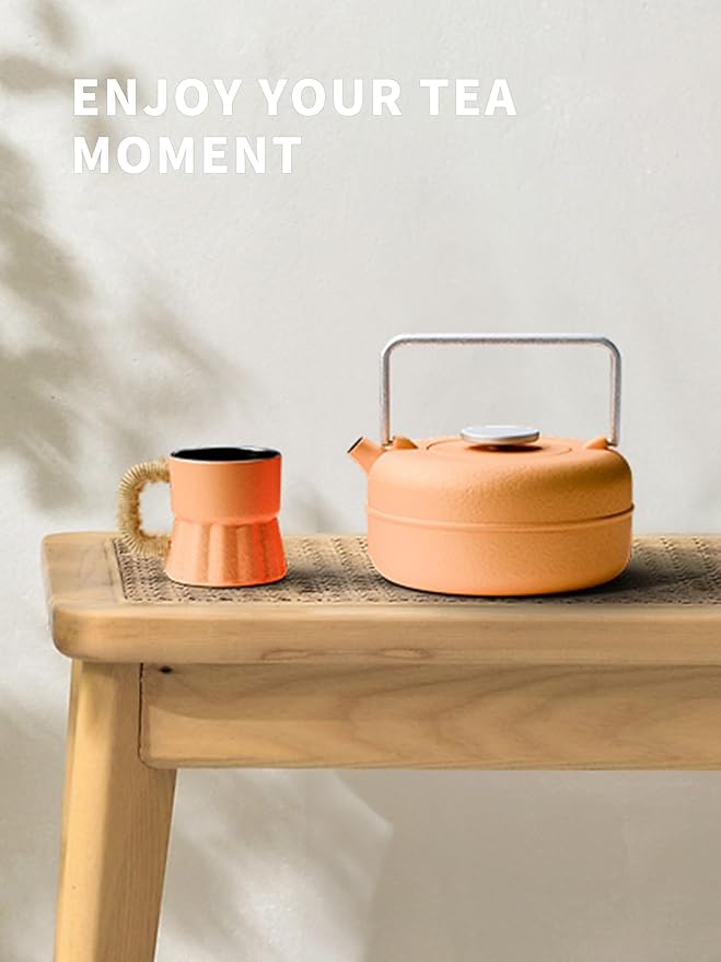 Toptier Teapot with Removable Infuser, Cast Iron Tea Kettle Stovetop Safe, Solid Geometry Cylinder Design Tea Pot Coated with Enameled Interior for 27 Ounce (800 ml), Yellow to Orange - Bloomnest