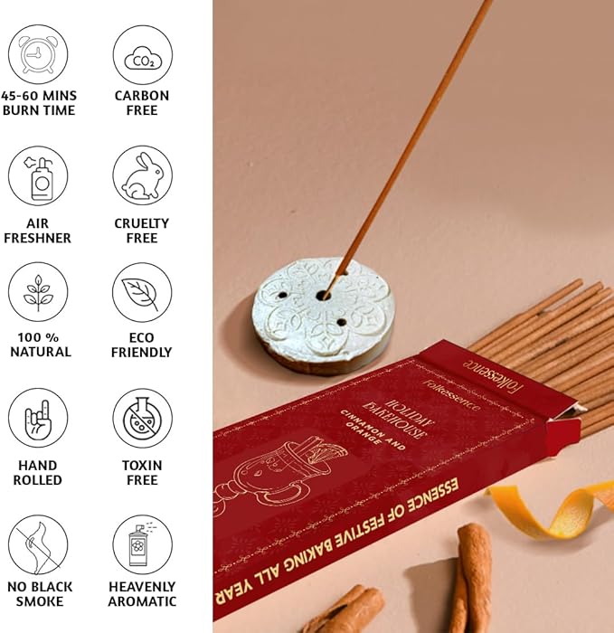 Folkulture Christmas Incense Sticks | Set of 120 Insence-Sticks with Holder for Relaxation |Cinnamon & Orange Incense| Organic, Slow Burning & Non Toxic Inscents | Luxe Fragrances - Gifts for Her - Bloomnest