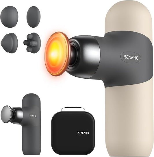 RENPHO Mini Thermal Massage Gun with Heat, Christmas Birthday Gifts for Women Men, Portable Deep Tissue Percussion Massager, Color Silicone Sleeves Travel Size with Carry Case, Grey - Bloomnest