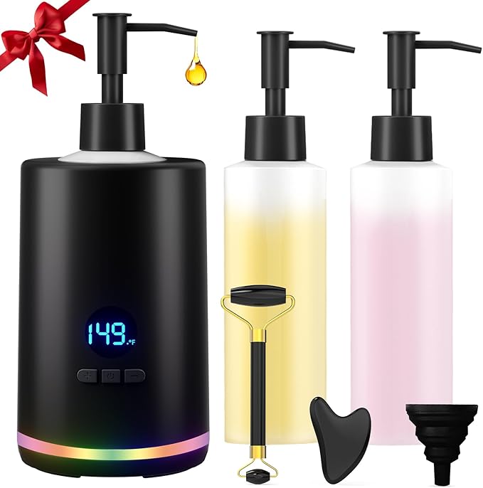Massage Oil Lotion Warmer, Massage Oil Heater for SPA Massage Therapy and Personal Use, Portable Body Oil Warmer Dispenser with Two Massage Bottles, Adjustable Temperature(86-149°F), Black - Bloomnest