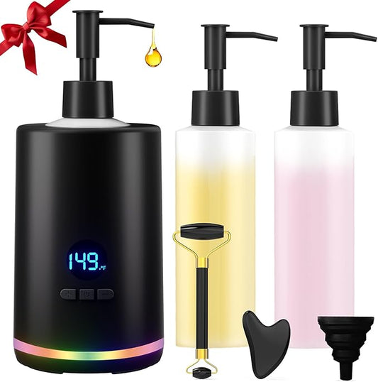 Massage Oil Lotion Warmer, Massage Oil Heater for SPA Massage Therapy and Personal Use, Portable Body Oil Warmer Dispenser with Two Massage Bottles, Adjustable Temperature(86-149°F), Black - Bloomnest