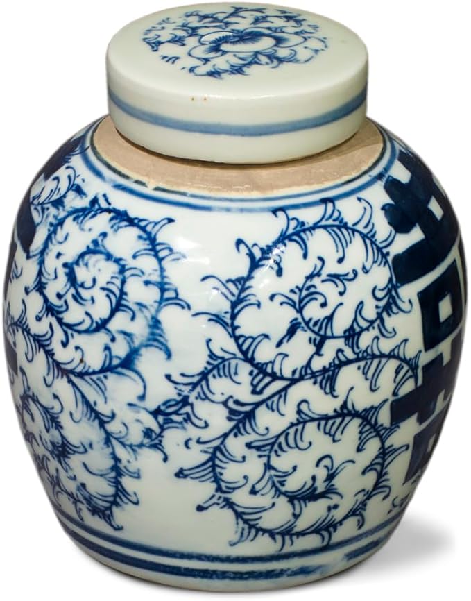 China Furniture Online Blue and White 4.5in Porcelain Double Happiness Small Chinese Jar with Lid - Bloomnest