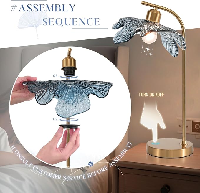 Gold Table lamp Touch Table lamp with Blue Glass Flower Shade Mid Century Modern Lamps Bedside nightstand lamp Side Table Lamps Small Table lamp for Bedroom Living Room Office Farmhouse - Bloomnest