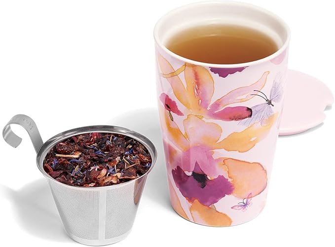 Tea Forte Double-Walled Ceramic Kati Cup, Removable Stainless Steel Infuser Basket and Lid, Steeps 12 oz Loose Leaf Tea, Dishwasher & Microwave Safe, Mariposa - Bloomnest