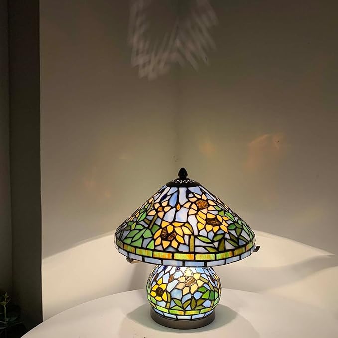 Bieye L10907 Tiffany Style Stained Glass Mushroom-Shaped Double Lit Table Lamp for Home Decor (10-inch, Yellow Sunflower)