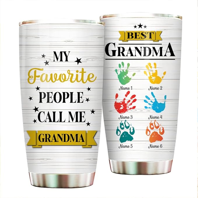 Personalized Best Grandpa, Grandma Colorful Handprint Tumbler Cup with Grandkids Names, Gift For Grandparents, Grandmother, Grandfather Birthday 20oz 30oz Insulated Coffee/Tea Mug with Lid - Bloomnest