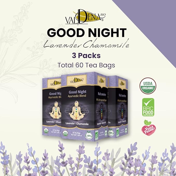 Valdena Bio Ayurvedic Lavender Chamomile Herbal Tea 20 Individually Wrapped Tea Bags (Pack of 3) Organic Caffeine Free Lavender Chamomile Blend USDA Organic Tea Calming Relaxing Sleep Support Herbal Infusion - Bloomnest