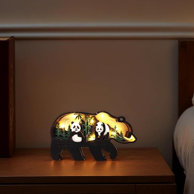 Drawelry 3D Wood Carving Animals Lamp Home Decorative, Cute Bear Family Elephant Presents Ideas Christmas Living Room Office Decor Warm LED Night Lights Gift for Friend Daughter Son Mom Dad (Panda) - Bloomnest