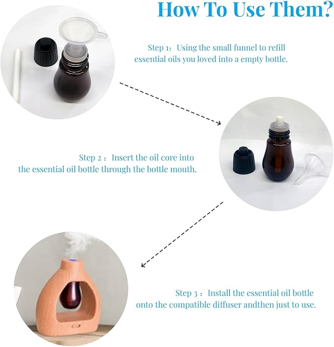 Empty Bottles for Essential Oils Refilling, 3 Empty Bottles & 6 Filter Cottons & 1 Mini Funnel Fit Waterless Aroma Diffuser AGEMANY
