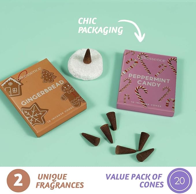 Folkulture Incense Cones for Waterfall | 20 Pc Incense Cone Scented | 2 Fragrance Cone-Insenses - Peppermint Candy & Gingerbread | Natural, Non Toxic | Christmas Inscents-Cones | Relaxing, Meditation