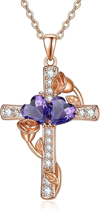 Rose Gold Dual Birthstones Cross Necklace for Women Rose Flower Jewelry Anniversary Christmas Mother's Valentine's Day Birthday Gift for Wife Girlfriend Mom - Bloomnest