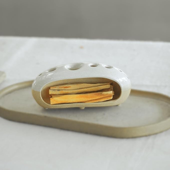3 in 1 Palo Santo Holder for Sage Bundles Cone Incense, Handcrafted Ceramic Incense Burner Holder Ash Catcher with Chimney, Smudge Bowl for Yoga Meditation Home Decor (Multi - Porous White) GRAMSTORMAX