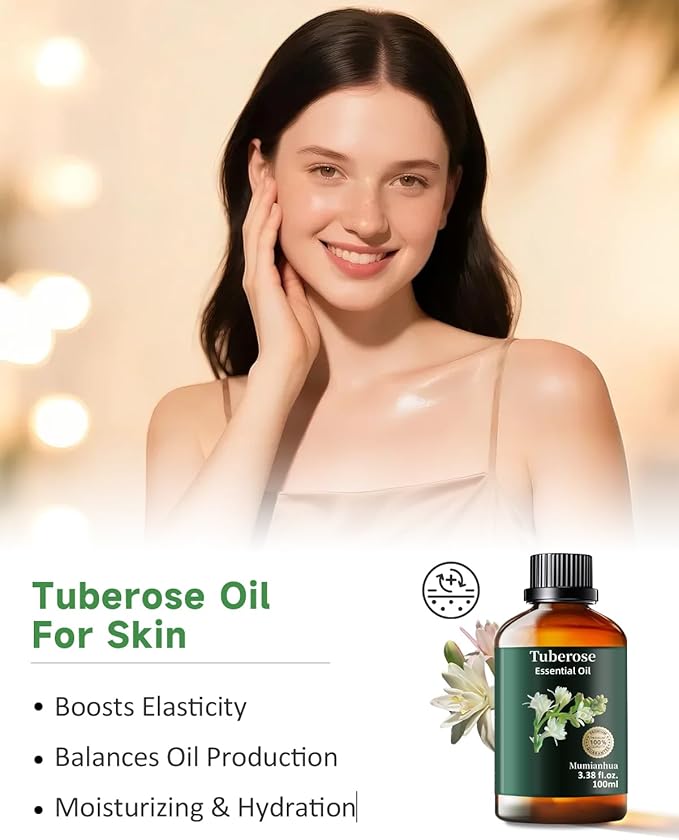 Mumianhua Tuberose Essential Oil 100% Pure Therapeutic Grade Natural Flower Tuberose Oil for Diffuser, Massage, Yoga, Skin,Hair, DIY Perfumes & Fragrance Candle Making Scents 3.38 Fl Oz - Bloomnest