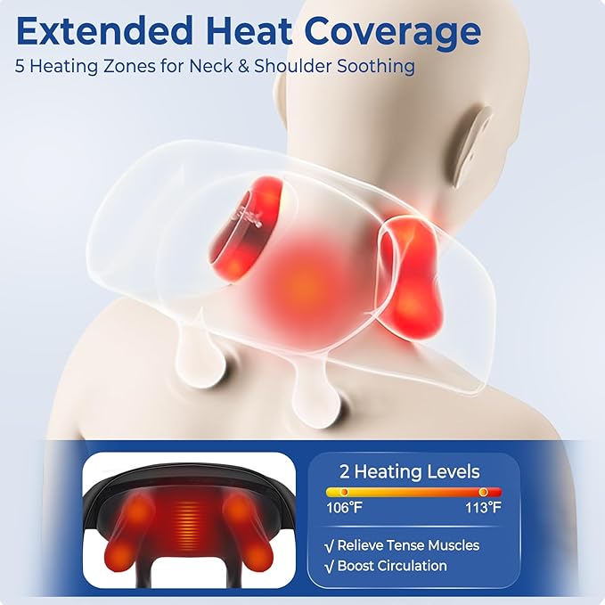 KingPavonini Width Adjustable Neck Massager with 5 Heat Zone, Wireless 6D Shiatsu Shoulder Massager for Pain Relief Deep Tissue, Massager for Neck and Shoulder Pain, Gifts for Men Women Dad Mom