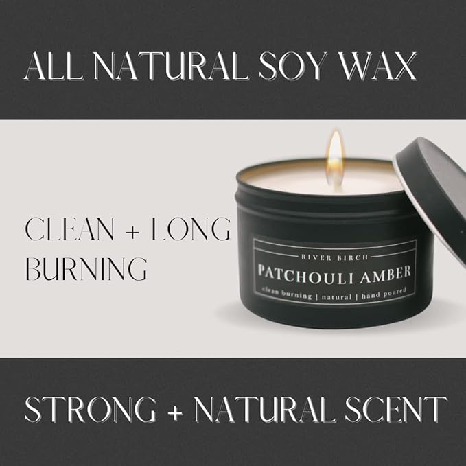 River Birch Candles Patchouli Amber Scented Candle | Premium, All-Natural, Non-Toxic, Soy Candles | 8 oz. Black Matte Tin Travel Candle | Cozy Relaxing Gifts for Home - Bloomnest