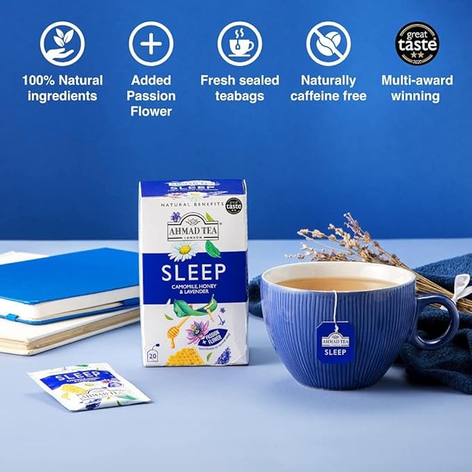 Ahmad Tea Herbal Tea, Camomile, Honey, & Lavender 'Sleep' Natural Benefits Teabags, 20 ct (Pack of 1) - Decaffeinated & Sugar-Free - Bloomnest
