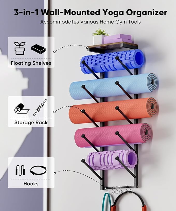 5 Tiers Yoga Mat Holder Rack Wall Mount with 6 Hooks for Hanging Accessory Yoga Strap Foam Rollers Resistance Bands, Yoga Mats Organizer with Floating Shelf for Home Gym Storage Fitness