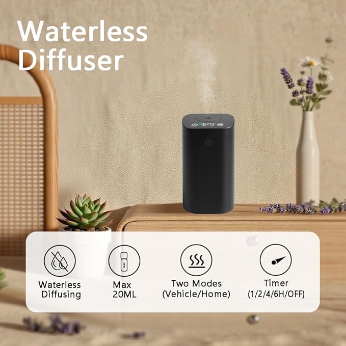 Waterless Diffuser for Essential Oil Rechargeable Scent Diffuser Machine, 0.7 Fl.Oz. 20mL Capacity, 4 Countdown Timers & 4 Mist Levels for Home, Room, Car, Office, Christmas Decorations Indoor, Black - Bloomnest