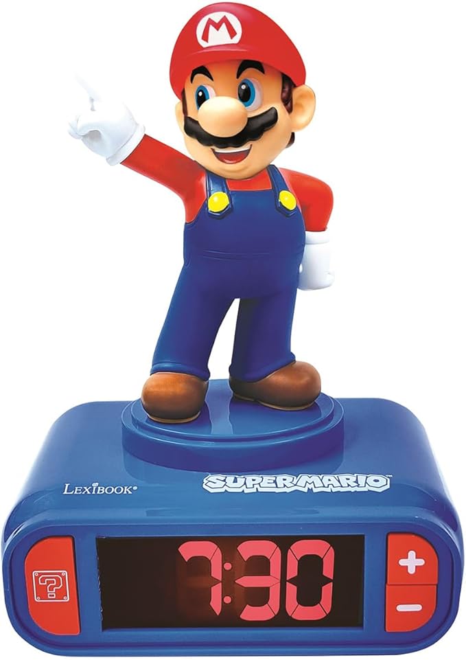 LEXiBOOK, Super Mario, Mario Nightlight Alarm Clock, Sounds and Melodies, LCD Backlit Screen, Luminous, Snooze, Red/Blue, RL800NI - Bloomnest