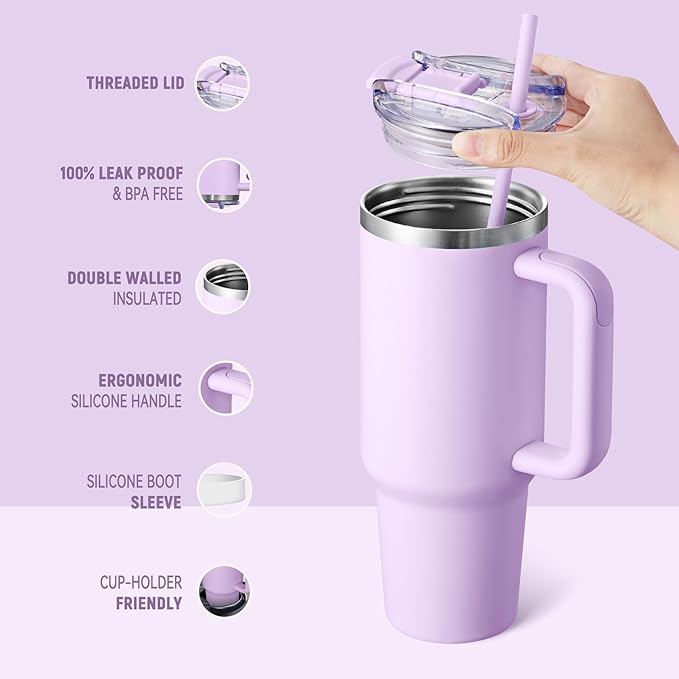 COKTIK 40 oz Tumbler With Handle and Straw Lid, Vacuum Insulated Travel Coffee Mug Stainless Steel Insulated Cup for Beverages, Leak-proof, Cupholder Friendly (Lavender) - Bloomnest