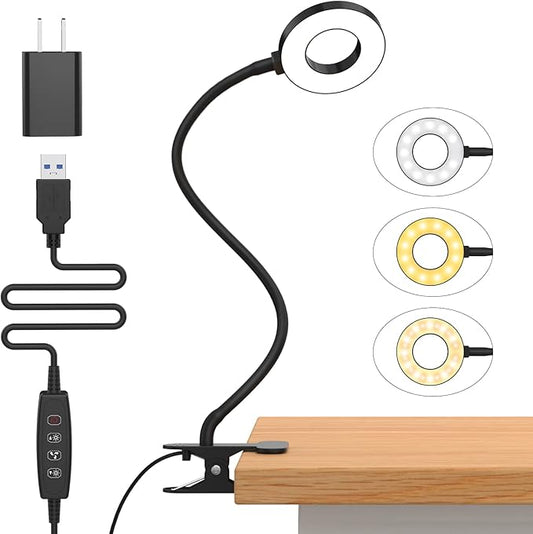 iZELL Desk Lamp, [3 Color Modes & 10 Brightness] LED Reading Light with Clamp, Flexible Gooseneck Book Light for Kids Reading Book in Bed at Night Clip on Table, Headboard, Dorm - 15.8‘’ Black - Bloomnest