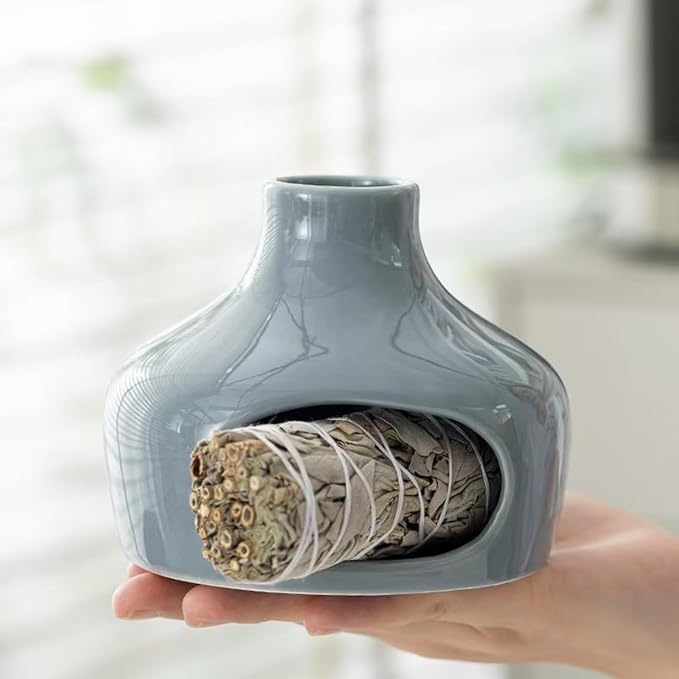 Handmade Ceramic Aroma Holder and Palo Santo Chimney for Sage and Incense Sticks, for Meditation, Yoga, and Relaxation, with Heat-Resistant Base, Home Decor Incense Bowl Metackle
