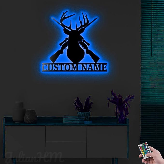 Lovely POD Personalized Hunting Metal sign, Hunting Art, Custom Deer Head Hunting Metal Wall Art With Led Lights, Personalized Hunter Name Metal Wall Decor Deer Hunting Decoration Hanging for Home - Bloomnest