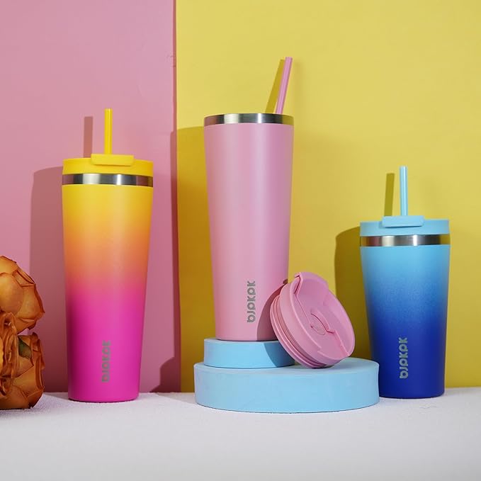 BJPKPK 22oz Insulated Tumbler With lid And Straw Stainless Steel Tumblers Travel Coffee Mug Reusable Thermal Cup,Sky - Bloomnest