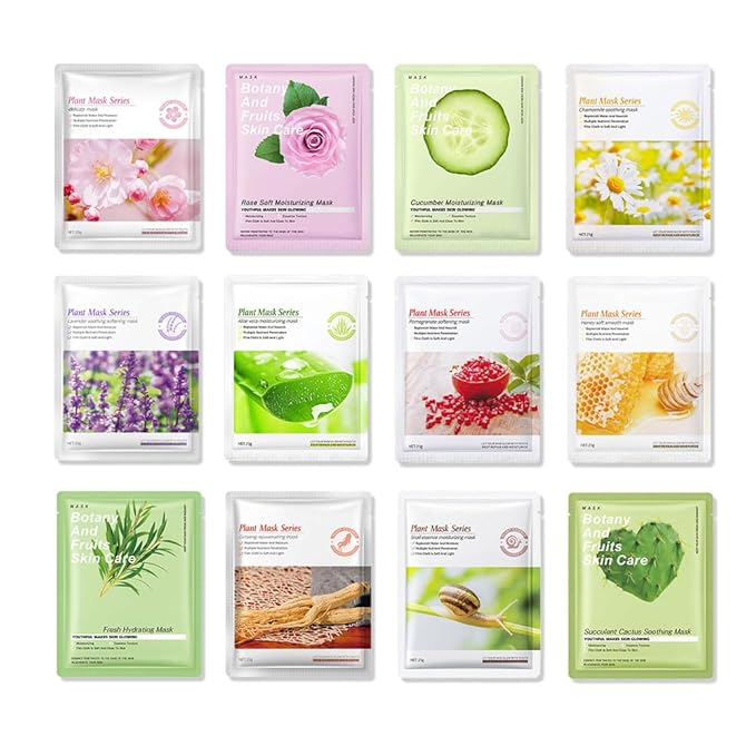 12 Pack Various Plants Face Sheet Mask Skincare,Hydrating Face Mask For Sensitive Skin,Moisturize,Soothing,Nourish for All Skin Types,Natural Spa Party Facial Mask Skincare Set for Women Men - Bloomnest