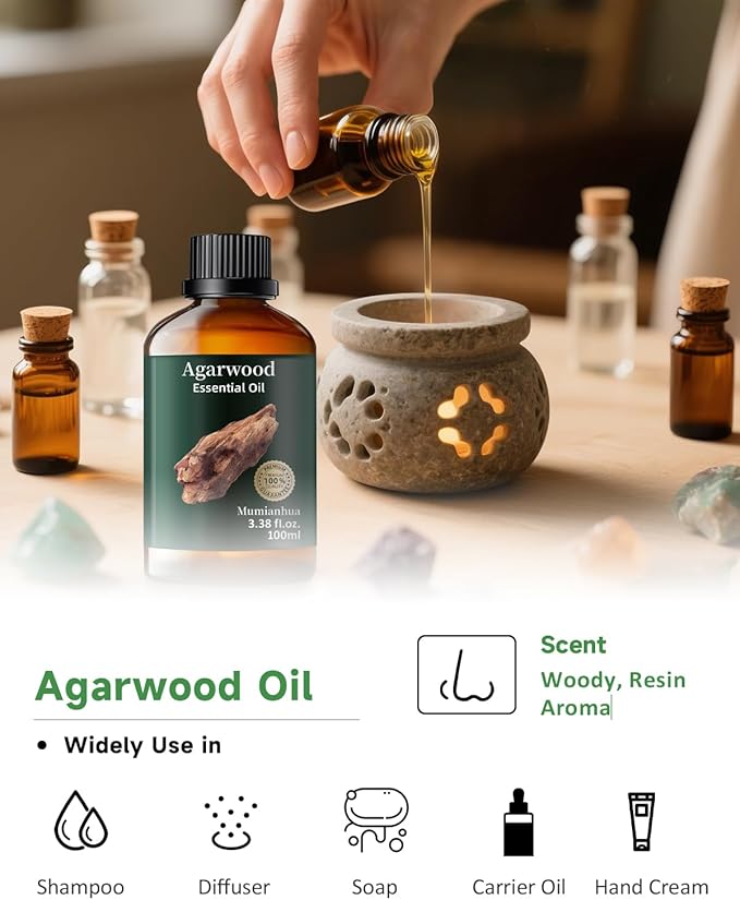 Agarwood Essential Oil, Mumianhua Natural Aromatherapy Agarwood Oil for Aromatherapy, Diffuser, Spray, Skin, Hair Care, Massage, Soap, Candle Making, Perfume 3.38 Fl Oz - Bloomnest