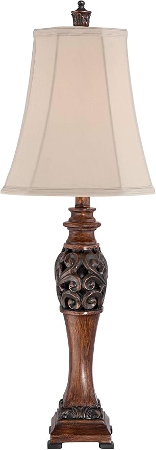 Regency Hill Exeter Traditional Style Table Lamps 30" Tall Full Size Set of 2 Bronze Wood Carved Leaf Creme Rectangular Bell Shade Decor for Living Room Bedroom House Bedside Nightstand Office - Bloomnest