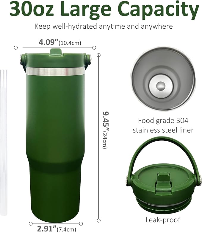 30 oz Tumbler with Handle, Double Wall Vacuum Insulated Tumblers with Flip Straw, Coffee Mug 30oz Powder Coated Cup for Hot and Cold Drinks(Army Green,4 pack) - Bloomnest