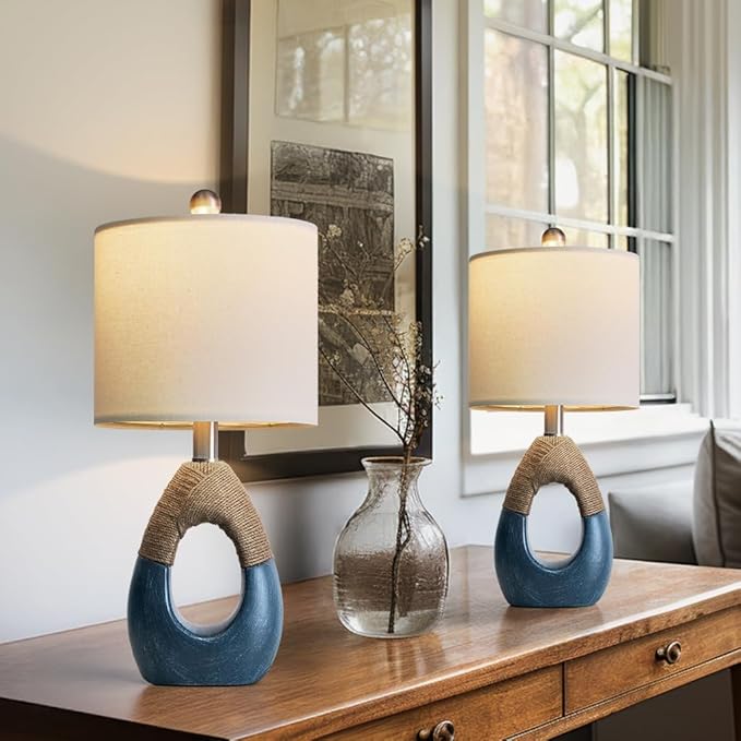 OYEARS 19" Boho Bedside Lamps Set of 2, Suitable for Small Spaces, Blue Table Lamps for Living Room & Coastal Farmhouse End Tables - Bloomnest