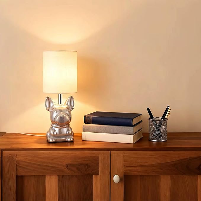 Set of 2 Ceramic Table Lamp, Puppy Shape Desk Lamp Cute Bedside Lamp for Nightstand, Living Room, Bedroom, Gifts for Kids Girls, 4W LED Bulb Included, Pearl - Bloomnest