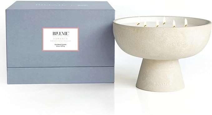 BLUEME Romance - Oakmoss & Sandalwood, Luxury Candle w/Essential Oils, 6 Wick, Hand-Poured Soy, Cotton Wick, Ceramic - Bloomnest