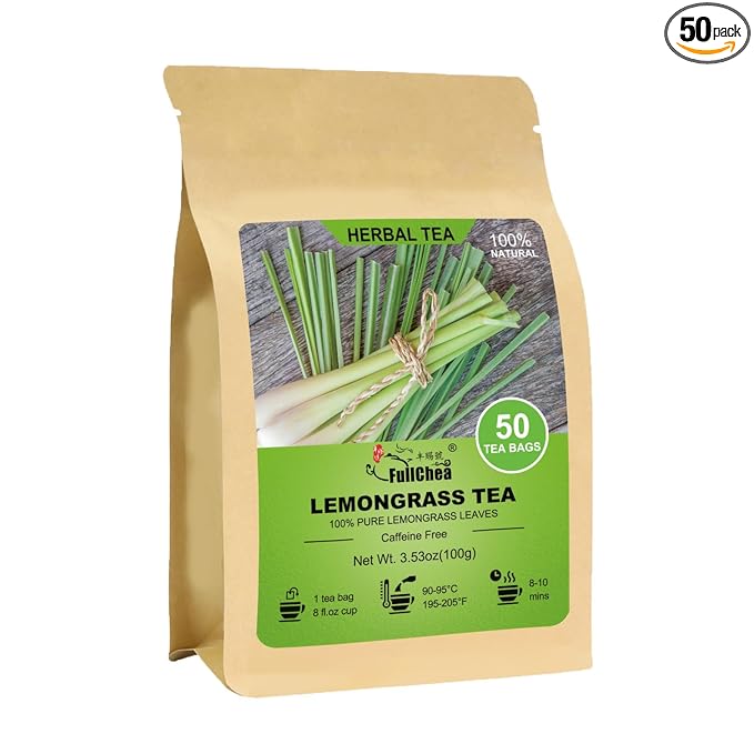 Fullchea - Lemongrass Tea Bags, 50 Teabags - Refreshing Herbal Tea Made from Pure Lemongrass Leaves - Non-GMO - Caffeine-Free - Perfect for Relaxation and Wellness - Bloomnest