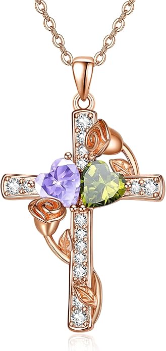 Rose Gold Dual Birthstones Cross Necklace for Women Rose Flower Jewelry Anniversary Christmas Mother's Valentine's Day Birthday Gift for Wife Girlfriend Mom - Bloomnest
