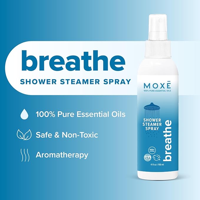 MOXE Breathe Shower Mist, Eucalyptus and Peppermint, Spa Steam Spray, Certified Natural 100% Essential Oils, Made in USA, Aromatherapy, Sinus Congestion Relief, Tension Relief, 4 Ounces (1 Pack) - Bloomnest
