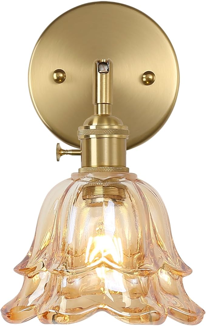 Vintage Wall Sconces, Rose Amber Lampshade & 180 Degree Adjustable, Brass Wall Lights, for Bedroom Living Room Hallway Aisle, Bulbs Not Included, ETL Listed - Bloomnest