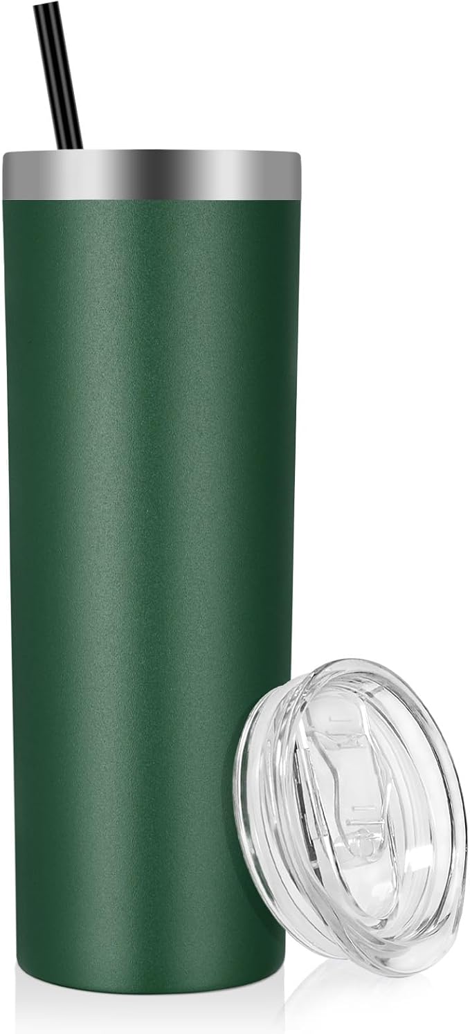 VEGOND Stainless Steel Skinny Tumbler, 20 oz Vacuum Insulated Tumbler with Lid and Straw, Double Wall Coffee Cup, Travel Mug for Cold Hot Drinks, Dark Green 1 Pack - Bloomnest