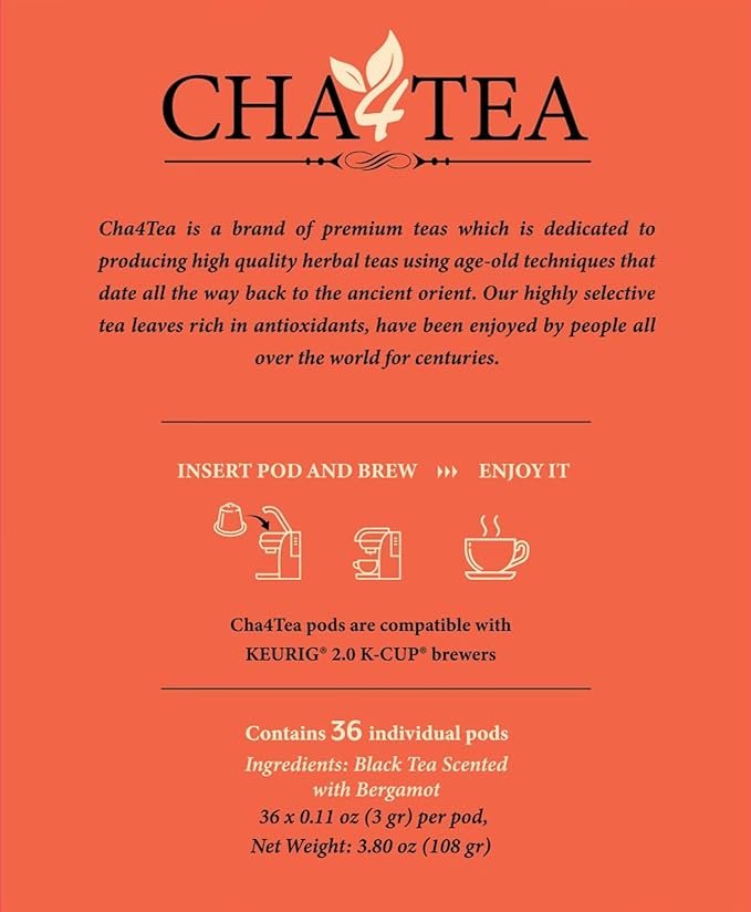 Cha4TEA 36-Count Earl Grey Tea Pods – Compatible with Keurig K-Cup, Bold Black Tea with Bergamot Flavor - Bloomnest