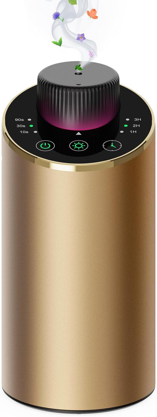 Waterless Essential Oil Diffuser Scent Aromatherapy Diffusers for Home Large Room, Car, Office, Portable Battery Operated Cordless Air Freshener, 4 Timers & 3 Mist Levels, 100ml Capacity (Golden) - Bloomnest