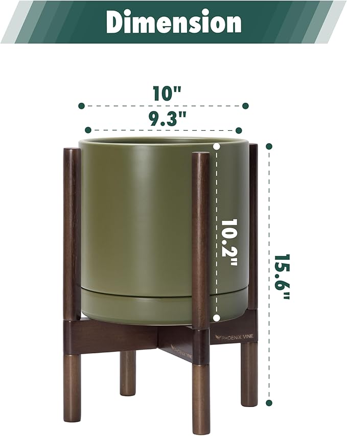 D'vine Dev Ceramic Planter with Walnut Color Stand - 10 Inch Modern Round Flower Pot with Wood Planter Holder, Olive, 55-B-X-J - Bloomnest