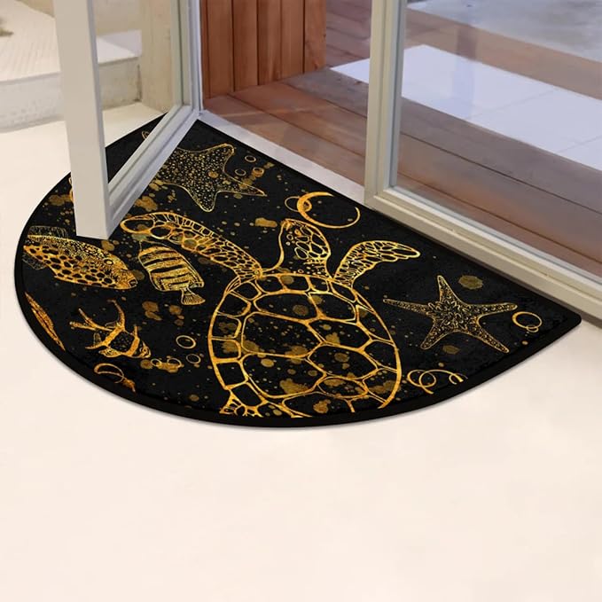 Half Round Door Mat, Gold Sea Turtle Print Non-Slip Half Circle Rug Washable Home Decor Cute Door Mat for Indoor Outdoor Living Room Bedroom Kitchen Patio(36"x24") - Bloomnest