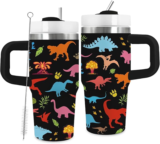 14oz Dinosaur Tumbler with Handle and Straw for Kids, Stainless Steel Vacuum Insulated Tumblers, Fathers Day Birthday Gifts for Boys, Dinosaur Lover Gifts for Son, Men, Cartoon Style - Bloomnest