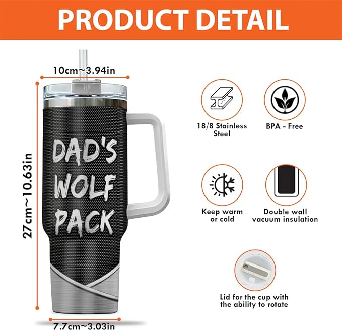 Personalized Dad Wolf Pack Tumbler 40oz with Handle and Straw, Custom Name Stainless Steel Cup with Wolves and Kids' Names, Unique Gift for Father’s Day, Birthday or Christmas - Bloomnest