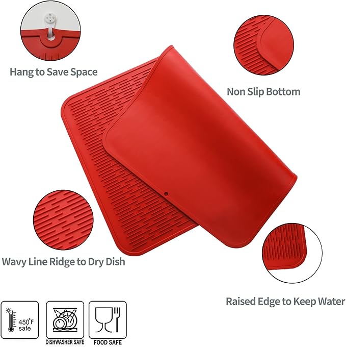 Silicone Dish Drying Mat for Multiple Usage,Easy clean,Eco-friendly,Heat-resistant Silicone Mat for Kitchen Counter or Sink,Refrigerator or Drawer Liner Red 3XL 28 inches x 18 inches - Bloomnest