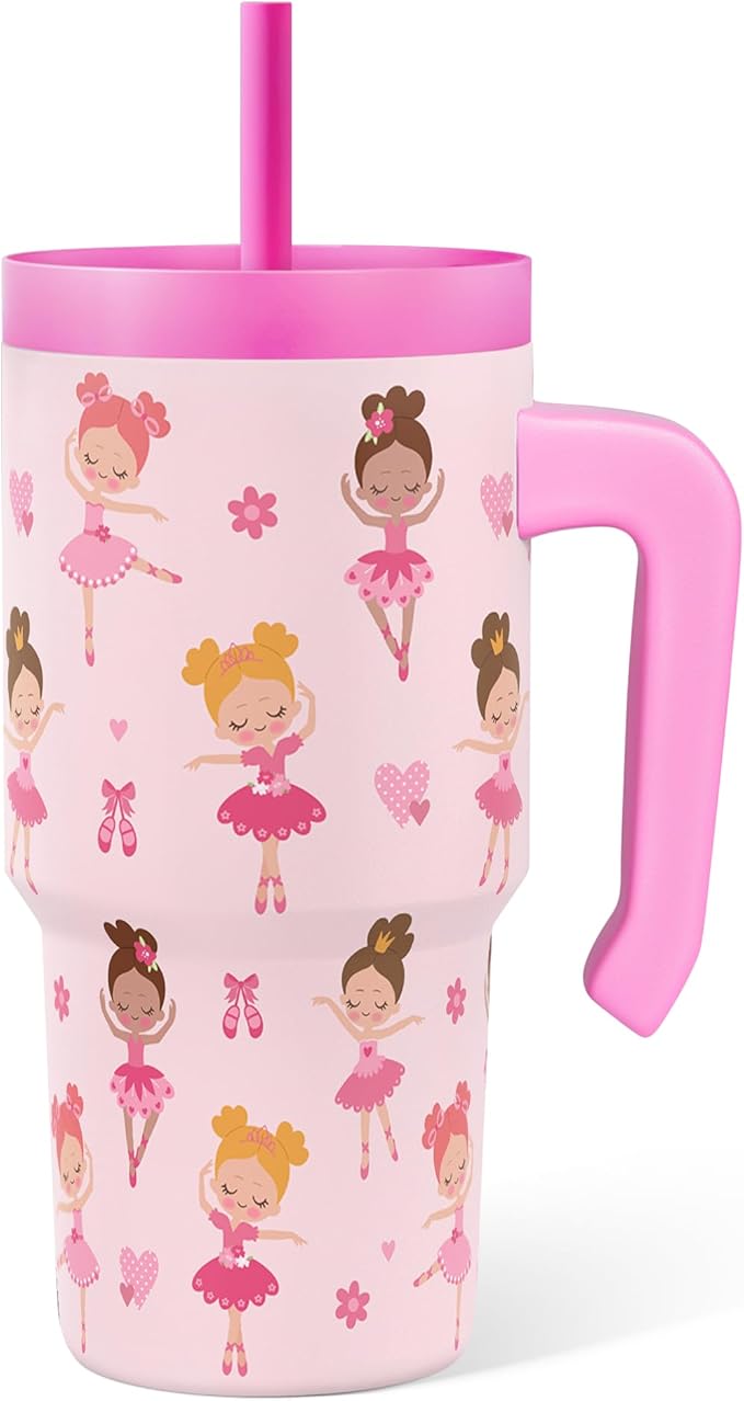 Ballerina Tumbler 20oz with Handle and Silicone Straw Lid for Kid, Insulated Stainless Steel Cup, Gift for Kids Girls, Gifts Idea for Birthday Christmas Back to School - Bloomnest