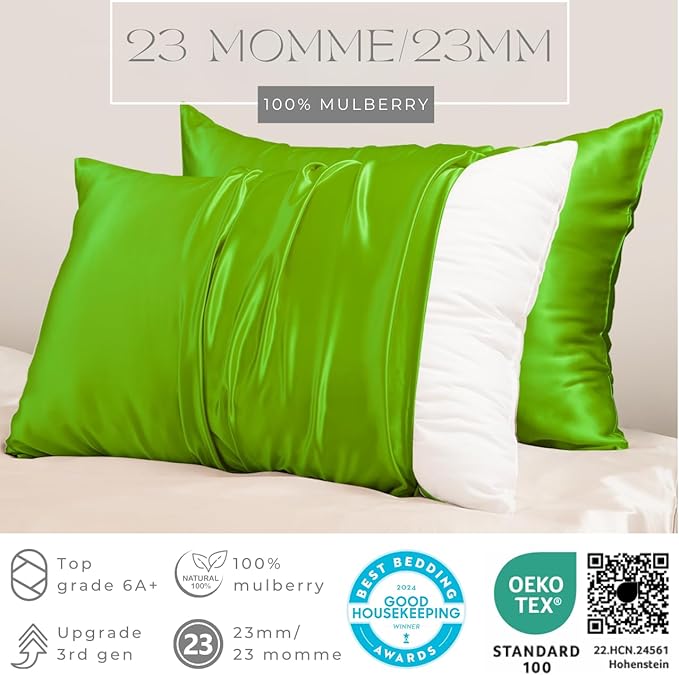 PROMEED 23 Momme Silk Pillowcase for Hair and Skin, Both Sides Upgraded Grade 6A+ Mulberry Silk Pillow Case with Zipper, Cooling Pillow Cases for Hot Sleepers (King 20"x36",Green) - Bloomnest