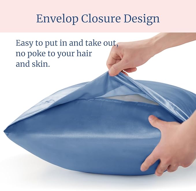 BEDELITE Satin Pillowcase for Hair and Skin, Super Soft and Cooling Similar to Silk Pillow Cases 2 Pack with Envelope Closure, Gift for Women Men(20"x30" Queen Size, Airy Blue) - Bloomnest